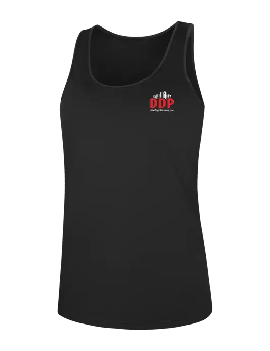 Womens Black PosiCharge Competitor Racerback Tank w/DDP Roofing Services Logo
