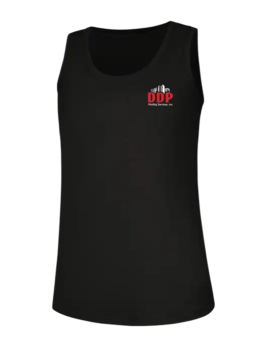 Womens Black Perfect Tri Racerback Tank w/DDP Roofing Services Logo