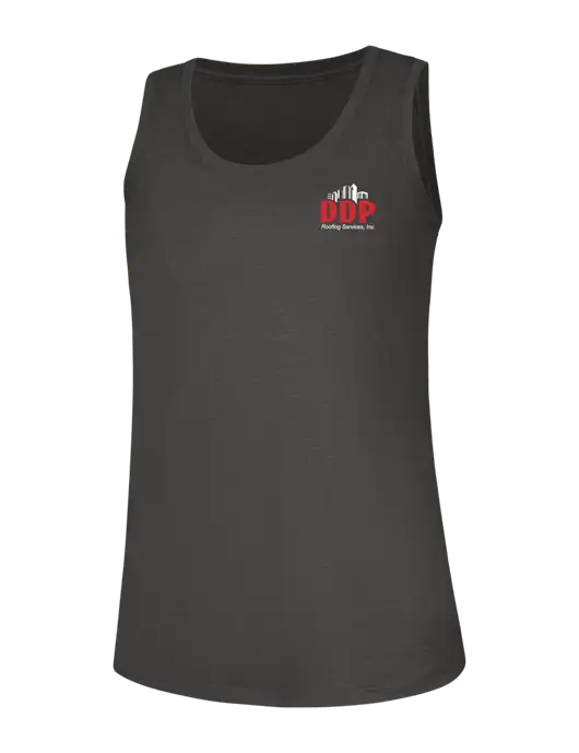 Womens Dark Grey Heather Perfect Tri Racerback Tank w/DDP Roofing Services Logo
