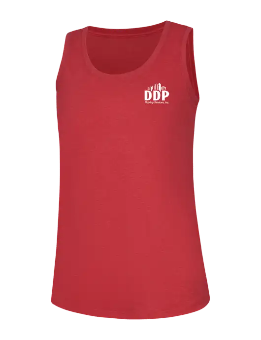 Womens Red Frost Perfect Tri Racerback Tank w/DDP Roofing Services Logo