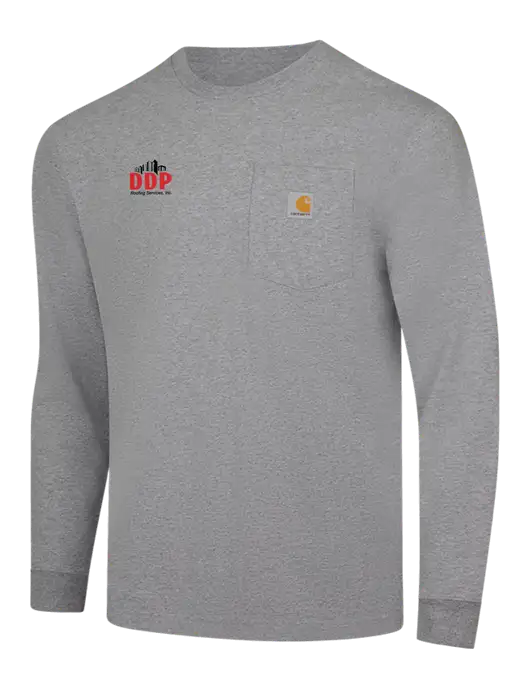 Carhartt Light Grey Heather Workwear Pocket Long Sleeve T-Shirt w/DDP Roofing Services Logo