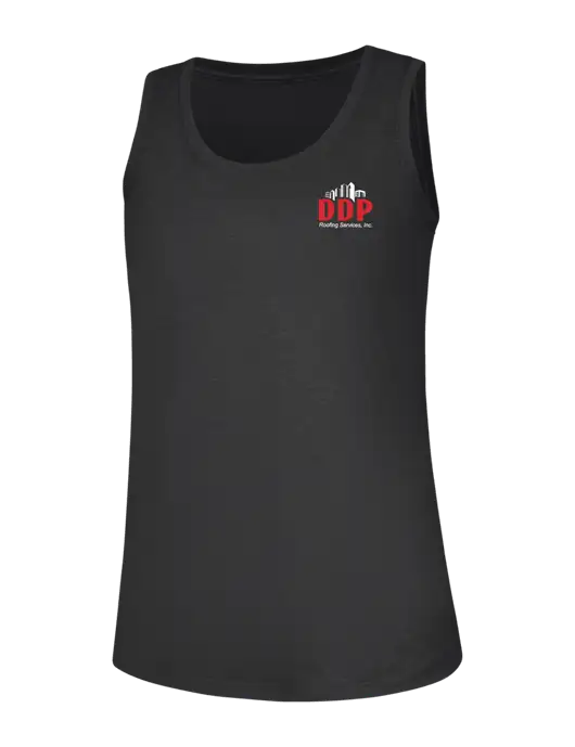 Womens Black Frost Perfect Tri Racerback Tank w/DDP Roofing Services Logo