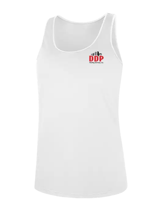 Womens White Perfect Tri Racerback Tank w/DDP Roofing Services Logo