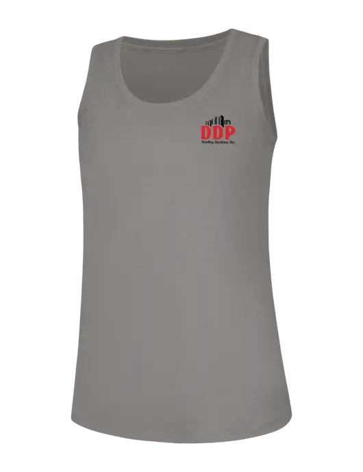 Womens Light Grey Frost Perfect Tri Racerback Tank w/DDP Roofing Services Logo