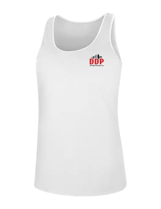 Womens White PosiCharge Competitor Racerback Tank w/DDP Roofing Services Logo