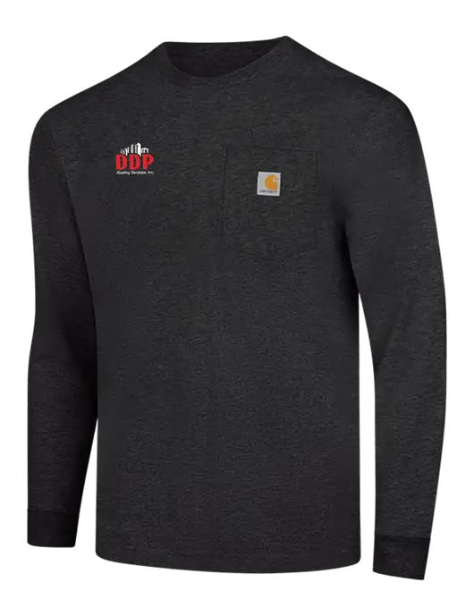 Carhartt Dark Grey Heather Workwear Pocket Long Sleeve T-Shirt w/DDP Roofing Services Logo