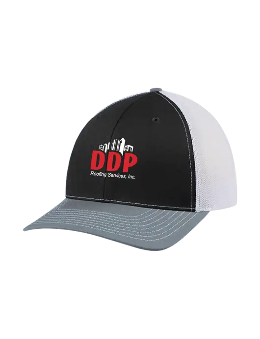 Richardson Adjustable Snapback Original 112 Trucker Cap Black/Light Heather Grey/White Mesh w/DDP Roofing Services Logo