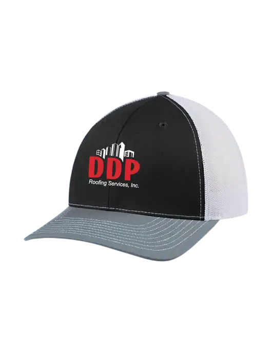 Richardson Adjustable Snapback Original 112 Trucker Cap Black/Light Heather Grey/White Mesh w/DDP Roofing Services Logo