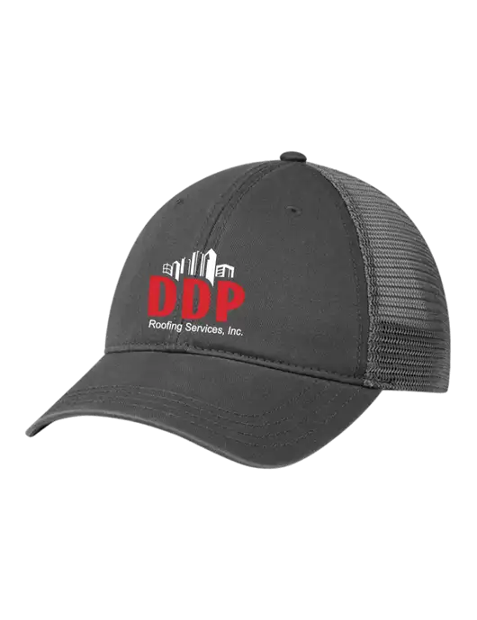 Richardson 111 Garment Washed Trucker Cap Charcoal w/Charcoal Mesh w/DDP Roofing Services Logo
