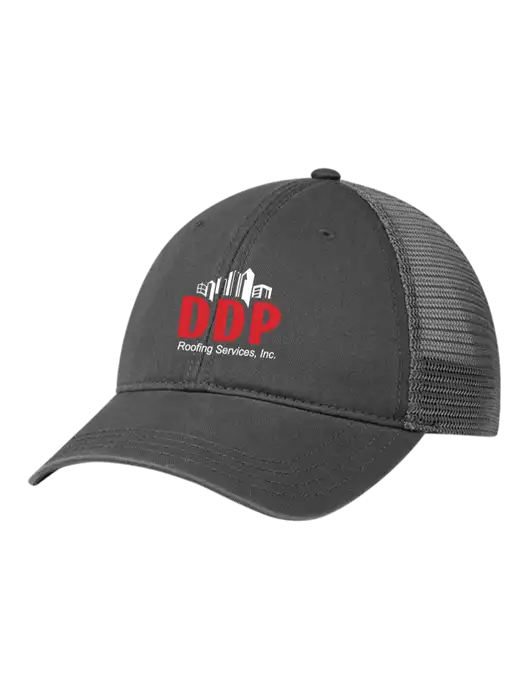 Richardson 111 Garment Washed Trucker Cap Charcoal w/Charcoal Mesh w/DDP Roofing Services Logo