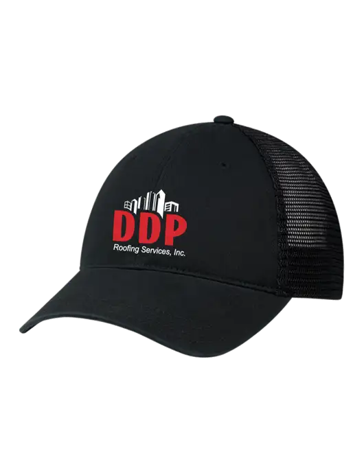 Richardson 111 Garment Washed Trucker Cap Black w/Black Mesh w/DDP Roofing Services Logo