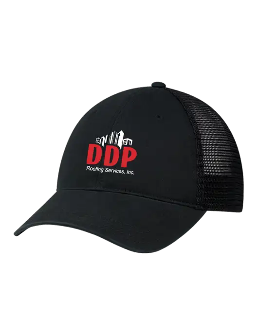 Richardson 111 Garment Washed Trucker Cap Black w/Black Mesh w/DDP Roofing Services Logo