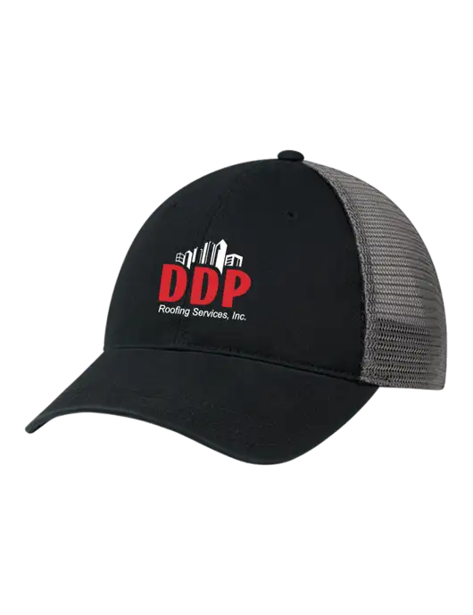Richardson 111 Garment Washed Trucker Cap Black w/Charcoal Mesh w/DDP Roofing Services Logo