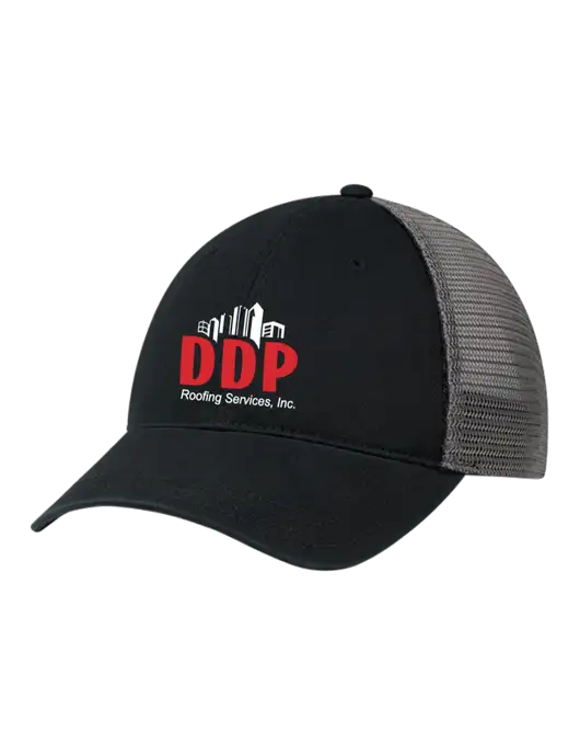 Richardson 111 Garment Washed Trucker Cap Black w/Charcoal Mesh w/DDP Roofing Services Logo