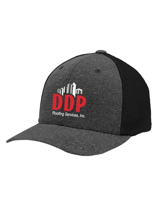 Flexfit Black/Dark Charcoal Heather Melange Mesh Back Trucker Cap w/DDP Roofing Services Logo