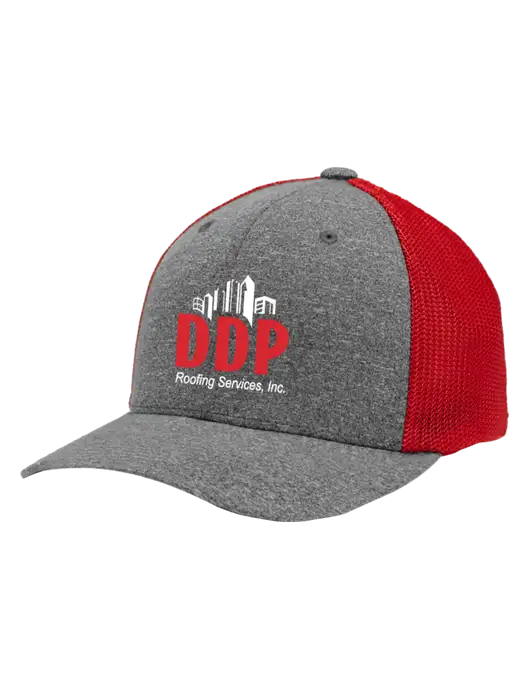 Flexfit Red/Medium Grey Heather Melange Mesh Back Trucker Cap w/DDP Roofing Services Logo