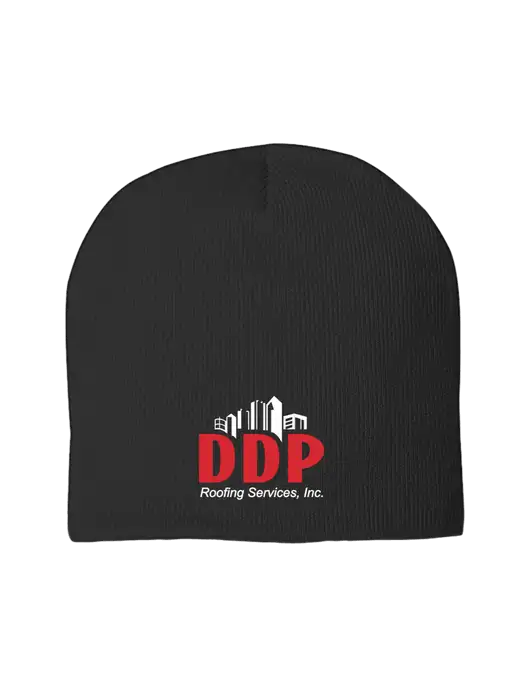 Solid Black Element Knit Beanie w/DDP Roofing Services Logo