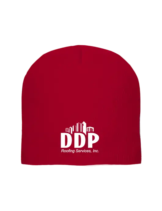 Solid Red Element Knit Beanie w/DDP Roofing Services Logo