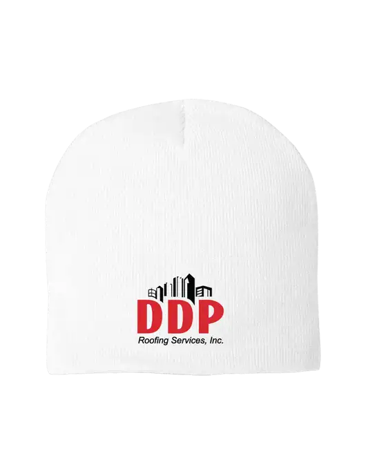 Solid White Element Knit Beanie w/DDP Roofing Services Logo