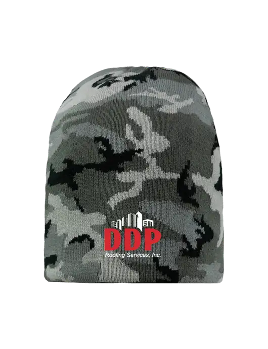 Grey Camo Element Knit Beanie w/DDP Roofing Services Logo
