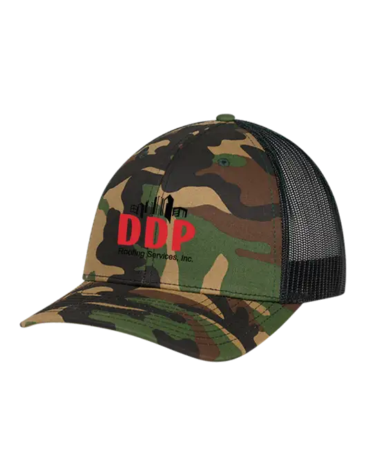 Richardson Adjustable Snapback Original 112P Trucker Cap Army Camo/Black  w/DDP Roofing Services Logo