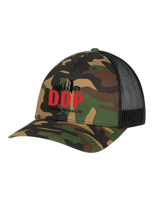 Richardson Adjustable Snapback Original 112P Trucker Cap Army Camo/Black  w/DDP Roofing Services Logo