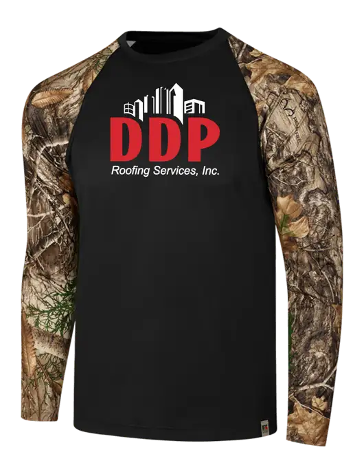 Russell Outdoors Black/Realtree Edge Camo Colorblock Performance Long Sleeve T-Shirt w/DDP Roofing Services Logo