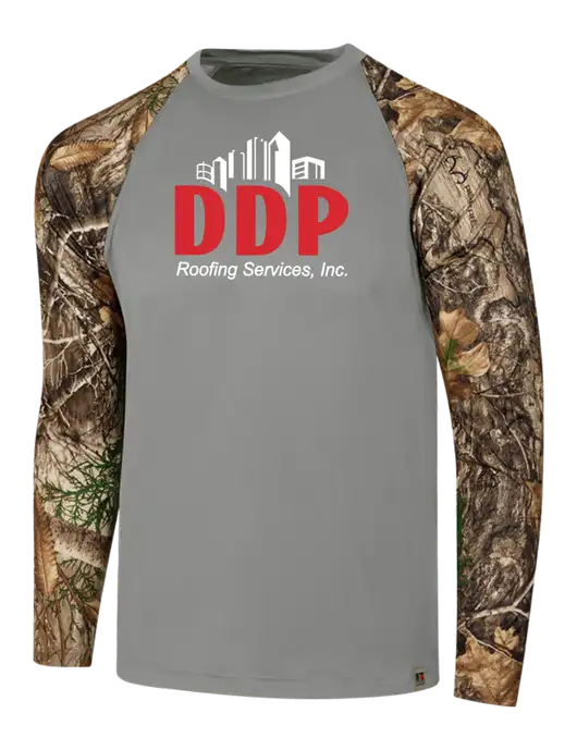 Russell Outdoors Medium Grey/Realtree Edge Camo Colorblock Performance Long Sleeve T-Shirt w/DDP Roofing Services Logo