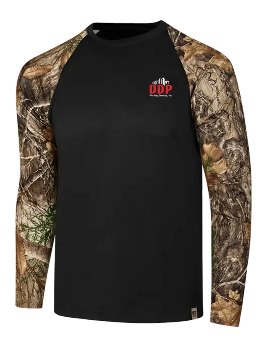 Russell Outdoors Black/Realtree Edge Camo Colorblock Performance Long Sleeve T-Shirt w/DDP Roofing Services Logo