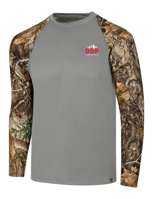 Russell Outdoors Medium Grey/Realtree Edge Camo Colorblock Performance Long Sleeve T-Shirt w/DDP Roofing Services Logo